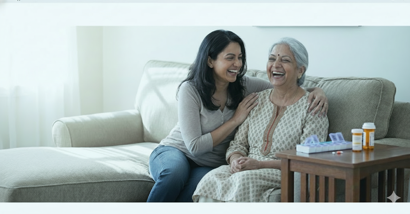 A caretaker laughing with her mother while reviewing her medicines